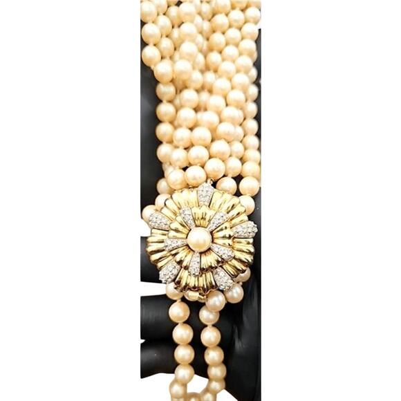 Givenchy Vintage Long Three Strand Faux Pearl Necklace Floral Rhinestone Clasp - Picture 3 of 6